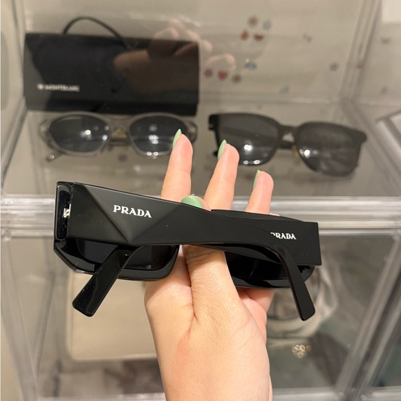 Prada Glossy Black Logo Rectangular Sunglasses - Picture 3 of 10